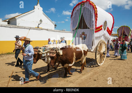 Au cours d'un célèbre pèlerinage de la Pentecôte le village d'El Rocio se transforme en un spectacle coloré magnifiquement décorée avec des charrettes à bœufs, les hommes et les femmes portant des robes gitanes couleur magnifiquement. La province de Huelva, Andalousie, espagne. Banque D'Images