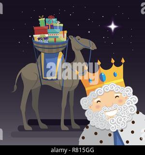 Trois rois Melchior, roi de selfies camel et cadeaux dans la nuit. Vector illustration Illustration de Vecteur