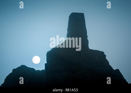 Misty scène sur Stiperstones, Shropshire, en une seule couleur, avec le soleil visible, et le trig point. Banque D'Images