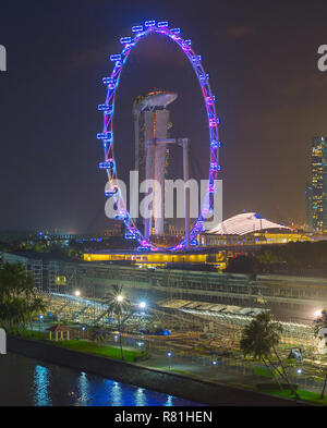 Marina Bay Sands sont vus jeter la grande roue de Singapour de nuit. Singapour Banque D'Images