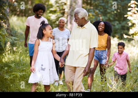 Hauts homme noir et petite-fille de marche en famille dans les bois Banque D'Images