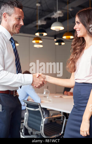 Businessman And Businesswoman Shaking Hands en salle de réunion moderne avec des collègues autour de la table en arrière-plan Banque D'Images