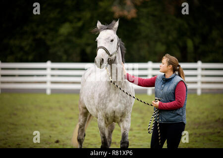 Jeune femme debout avec son cheval gris dans un enclos. Banque D'Images