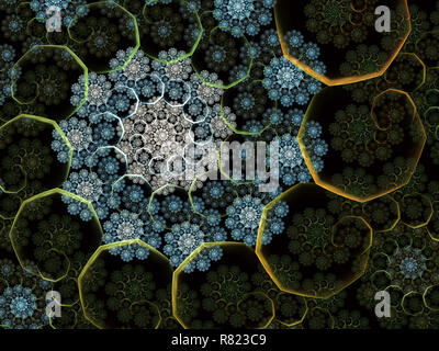 La neige colorée fractal. Fond d'hiver avec des flocons formant des motifs en spirale sur fond bleu Banque D'Images