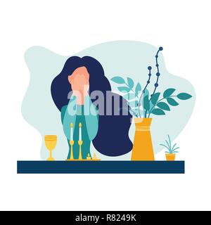 Femme juive allumant des bougies pour le Shabbat et dit la bénédiction. Une télévision moderne style. Isolé sur fond blanc. Vector illustration. Illustration de Vecteur