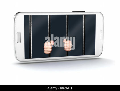 Smart phone blanc avec des mains tenant Prison Bars à l'écran, isolé sur blanc 3d illustration Banque D'Images