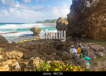 Les déchets plastiques lavés dans de la mer ne contamine les rochers et les plages des Caraïbes Banque D'Images