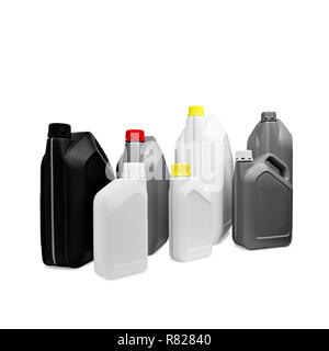 De nombreux contenants en plastique bidon multicolores dans une rangée isolé sur fond blanc pour les bandeaux web Banque D'Images