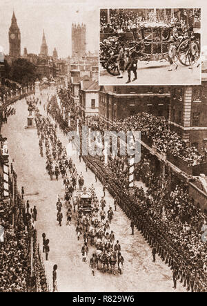 La Procession du couronnement de George V et Mary de teck en tant que roi et reine du Royaume-Uni et de l'Empire britannique en route pour l'abbaye de Westminster, Londres, le 22 juin 1911. C'est deuxième de quatre de ces événements qui ont eu lieu au cours du 20e siècle et les derniers à être assisté par des représentants de la royal continental grands empires européens. Banque D'Images