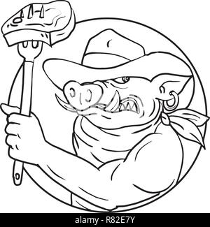 Croquis dessin illustration de style d'un cow-boy cochon sauvage, de porc ou de sanglier tenant une fourche avec barbecue steak situé à l'intérieur du cercle sur zone blanche isolée Illustration de Vecteur