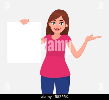 Young Beautiful woman smiling and holding a blank / vide feuille de papier blanc ou un conseil & gestes part pour copier l'espace. L'émotion humaine et le langage du corps Illustration de Vecteur