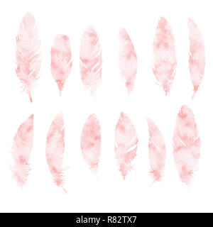 Hand painted pink watercolor feathers set isolated on white background. Abstract boho decoration elements. Illustration with paint texture. Banque D'Images