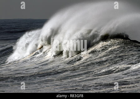 Vue détaillée d'une belle grosse vague s'écraser blanc dans un jour de tempête Banque D'Images