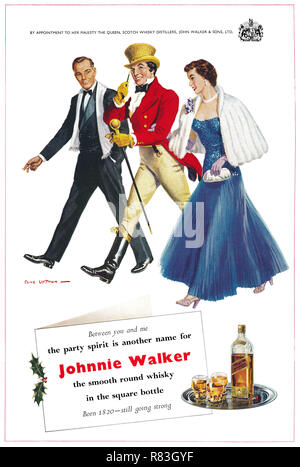 1955 Noël de la publicité pour le Whisky Johnnie Walker illustré par Clive Uptton. Banque D'Images