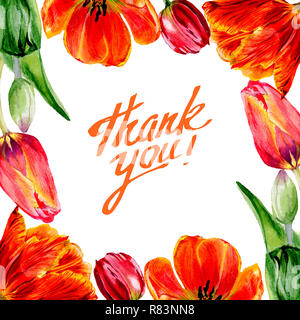 Amazing red tulip fleur avec feuille verte. Merci monogramme l'écriture la calligraphie. Fleur à la main. Contexte aquarelle illustration set. Frame Banque D'Images