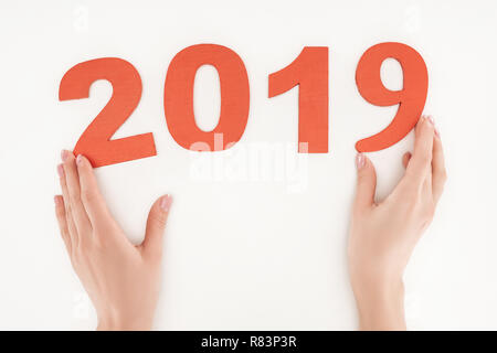 Portrait de femme 2019 réglage de date chiffres rouges isolated on white Banque D'Images