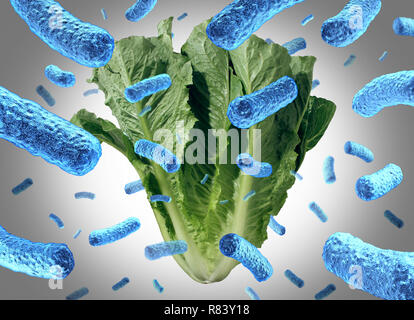 Laitue romaine e coli intoxication alimentaire comme un légume ou de bactéries de contamination Le risque pour la santé publique dans une salade avec 3D illustration éléments. Banque D'Images