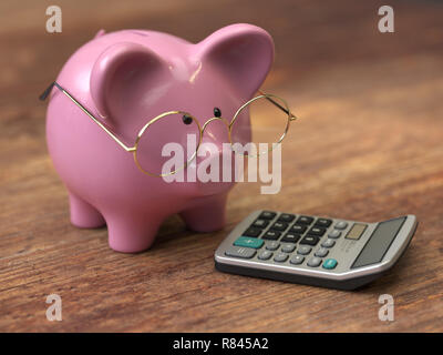 Piggy bank with coins et Calculatrice,3d,le rendu de l'image conceptuelle. Banque D'Images