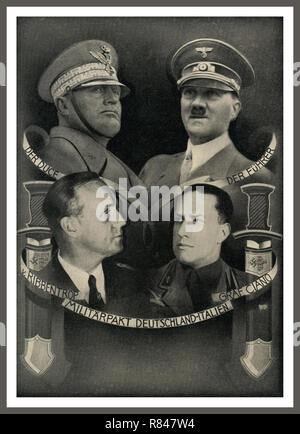 Vintage 1939 Carte postale de propagande commémorant le pacte militaire entre l'Allemagne et l'Italie, Hitler, Mussolini, von Ribbentrop & Graf Ciano (Chef de la partie Facist) Banque D'Images