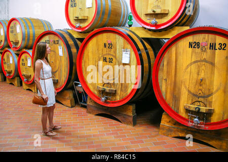 Jeune femme debout à côté de fûts de bois dans une vinerie à Montalcino, Val d'Orcia, Toscane, Italie. Montalcino est célèbre pour son Brunello de Montalcin Banque D'Images
