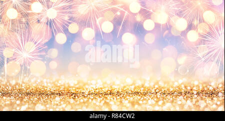 Brillant or Glitter avec feux d'artifice et Banque D'Images