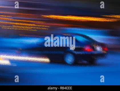 Impressions d'une voiture sombre par excès par les lumières de la ville, sur une nuit pluvieuse Banque D'Images