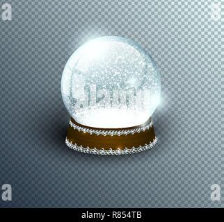 Snow globe Vector template vide isolé sur fond transparent. Balle magique de Noël. Bille de verre, support en bois avec décoration de la couronne d'argent Illustration de Vecteur