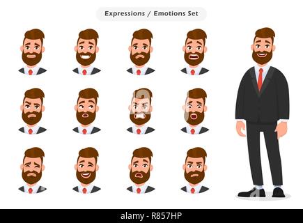 Ensemble d'expressions différentes du visage de l'homme d'affaires. Homme d'affaires personnage emoji avec des émotions différentes. Émotions et langage corporel Illustration de Vecteur