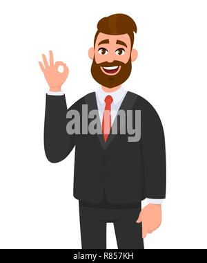 Young business man showing OK/OK S'identifier des gestes de main. L'émotion et le langage du corps concept dans le style cartoon illustration vectorielle. Illustration de Vecteur