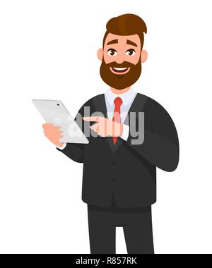 Happy business man holding ou à l'aide d'un ordinateur tablette. L'homme d'affaires isolés en fond blanc désignant la main à l'aide de Tablet PC. Illustration de Vecteur