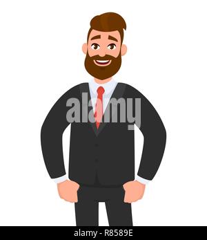 Homme d'affaires heureux et confiant, souriant et pouce à l'intérieur du pantalon ou de la poche à pantalon, portant un costume et une cravate habillée noirs. Illustration de Vecteur