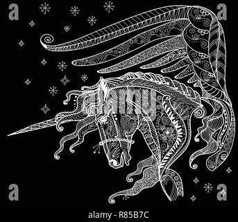 Vector illustration dessin main zentangle licorne en blanc isolé sur fond noir. Doodle illustration UNICORN. Licorne fantasy coloriage Illustration de Vecteur