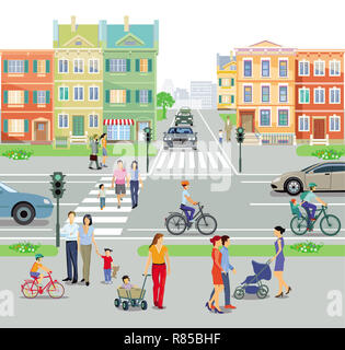 Les piétons avec le trafic routier, les parents et les enfants, illustration Banque D'Images