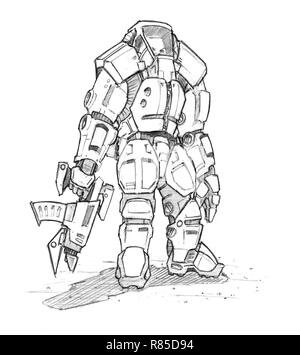 Dessin au crayon noir Grunge Rough des futurs films de soldat dans l'Exosquelette suit Banque D'Images