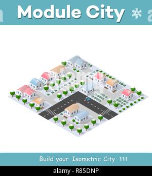 Noël 3d maison dans la forêt d'hiver. Bâtiment isométrique dans la région du paysage. Village en trois dimensions avec des rues et des maisons. Natur saisonniers Illustration de Vecteur