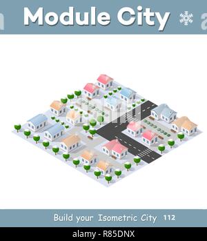 Noël 3d maison dans la forêt d'hiver. Bâtiment isométrique dans la région du paysage. Village en trois dimensions avec des rues et des maisons. Natur saisonniers Illustration de Vecteur