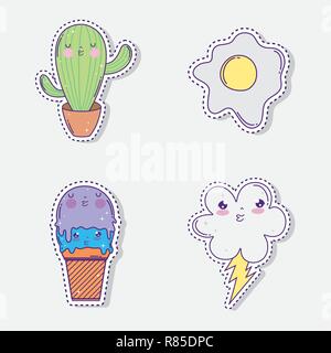 Kawaii set cactus avec de la crème glacée et le cloud avec rainbow Illustration de Vecteur