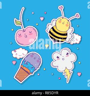 Kawaii ensemble les pommes avec Bee et la crème glacée avec le cloud Illustration de Vecteur