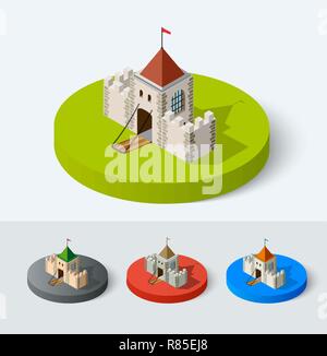 L'icône du château médiéval vector set. Tour de ville bâtiment isométrique fort élément urbain dans télévision style. Chevaliers, princesse royale, signe de la forteresse. Illustration de Vecteur