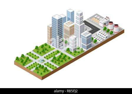 Mégalopole urbaine isométrique Vue de dessus de l'infrastructure de la ville ville, rue, véritable structure moderne, l'architecture des bâtiments différents éléments 3d Illustration de Vecteur