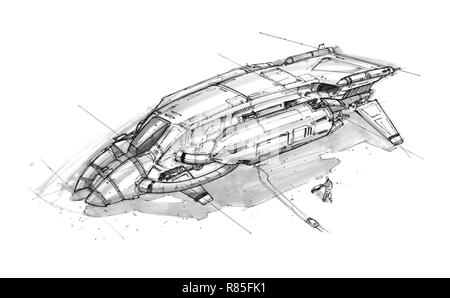 Concept d'encre Dessin Art de vaisseau futuriste Banque D'Images