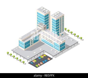 Tourist Hotel est l'illustration 3D isométrique d'urban centre-ville avec de nombreux bâtiments et gratte-ciel, les rues, les arbres et les véhicules Illustration de Vecteur