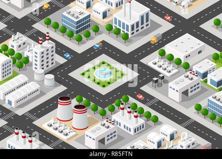 L'usine en 3D isométrique projection tridimensionnelle comprend les usines et bâtiments industriels, les chaudières, les entrepôts, hangars, des centrales électriques, des rues, des routes Illustration de Vecteur