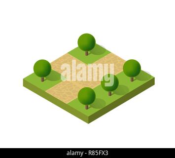 Paysage écologique naturel icône isométrique. Signe de l'écologie naturelle de la ville d'infrastructures ville Arbres, pelouses, sentiers de jardin et bancs Illustration de Vecteur