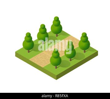 Paysage écologique naturel icône isométrique. Signe de l'écologie naturelle de la ville d'infrastructures ville Arbres, pelouses, sentiers de jardin et bancs Illustration de Vecteur