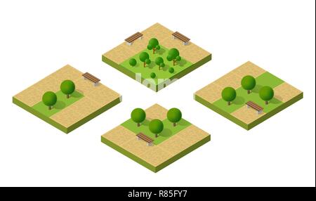 Paysage écologique naturel sur l'icône groupe isométrique. Signe de l'écologie naturelle de la ville d'infrastructures ville Arbres, pelouses, sentiers de jardin et bancs Illustration de Vecteur