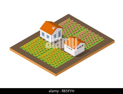 Rural isométrique ferme rustique avec des fleurs et les lits avec une petite maison de village d'infrastructures naturelles paysages écologiques Illustration de Vecteur
