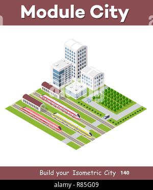 Haut-débit isométrique Illustration train rapide sur les pistes dans la ville près de la station de gare bloc building Illustration de Vecteur