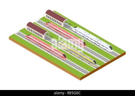 Isométrique Illustration train à grande vitesse sur les pistes dans la ville près du bloc de construction d'entrepôt hangar Illustration de Vecteur