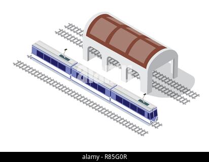 Isométrique Illustration train à grande vitesse sur les rails de métro dans le quartier d'une ville près de l'entrepôt hangar Illustration de Vecteur